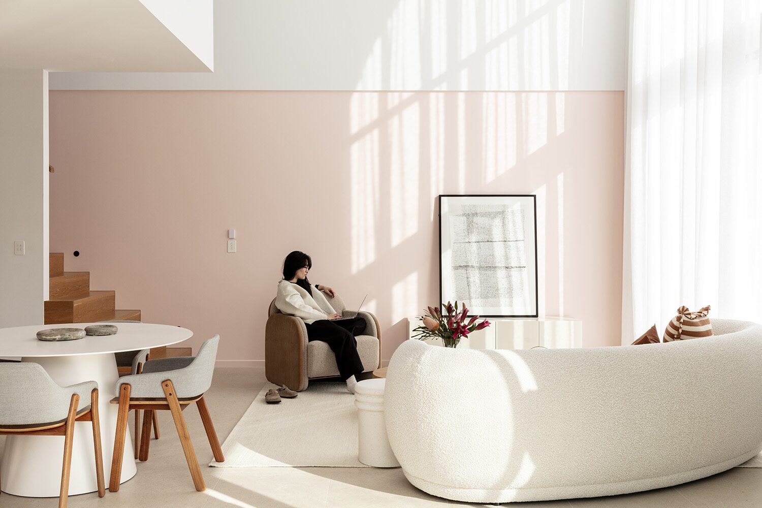 Sway, blush living room — designed and built by Immackulate Homes